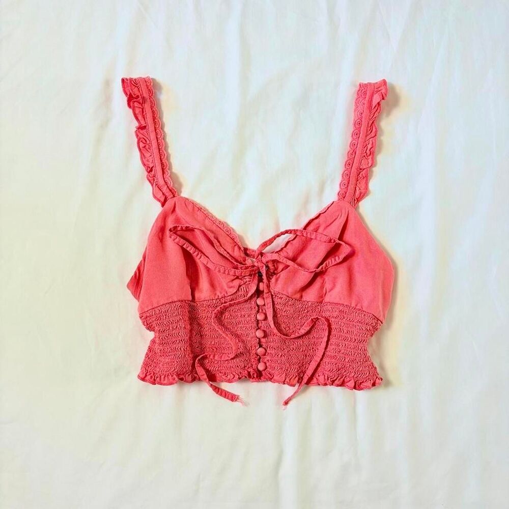 Urban-outfitters Women's Coral pink eyelet ruffle strap crop top